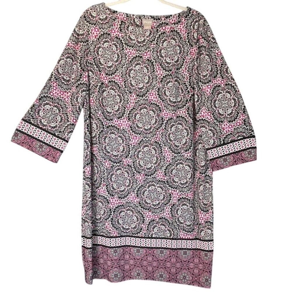 Chico's Womens 2 (12-14) Floral Black/Pink Mixed-Print Midi Dress Office/Summer